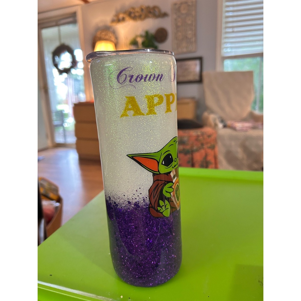 Crown Royal Apple Baby Yoda Glitter Tumbler Purple White Travel Mug with Lid